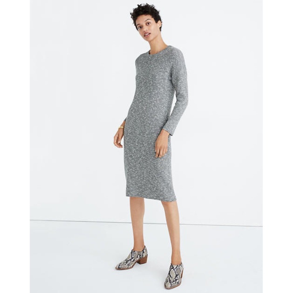 Madewell Midi Gray Sweater Dress XL Heathered Black White Merino Wool Knit